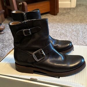Frye Black Leather Ankle Boots with Buckles